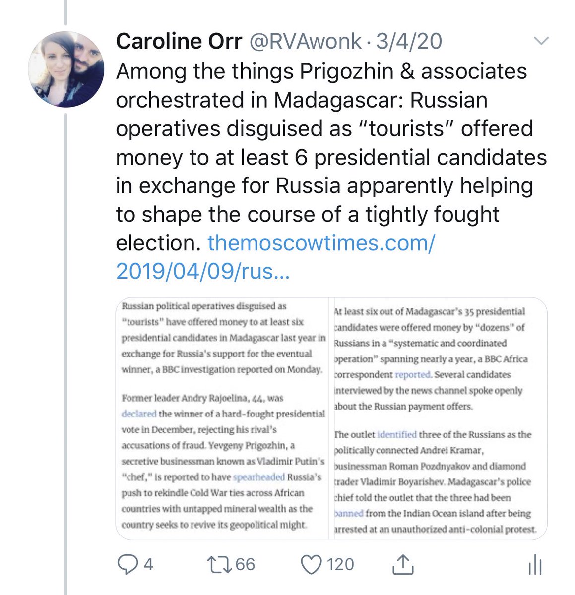 Prigozhin & his companies have successfully interfered in elections in countries like Madagascar, often using a combination of traditional military/mercenary tactics and information warfare, including working with local contractors to produce believable disinfo disguised as news.