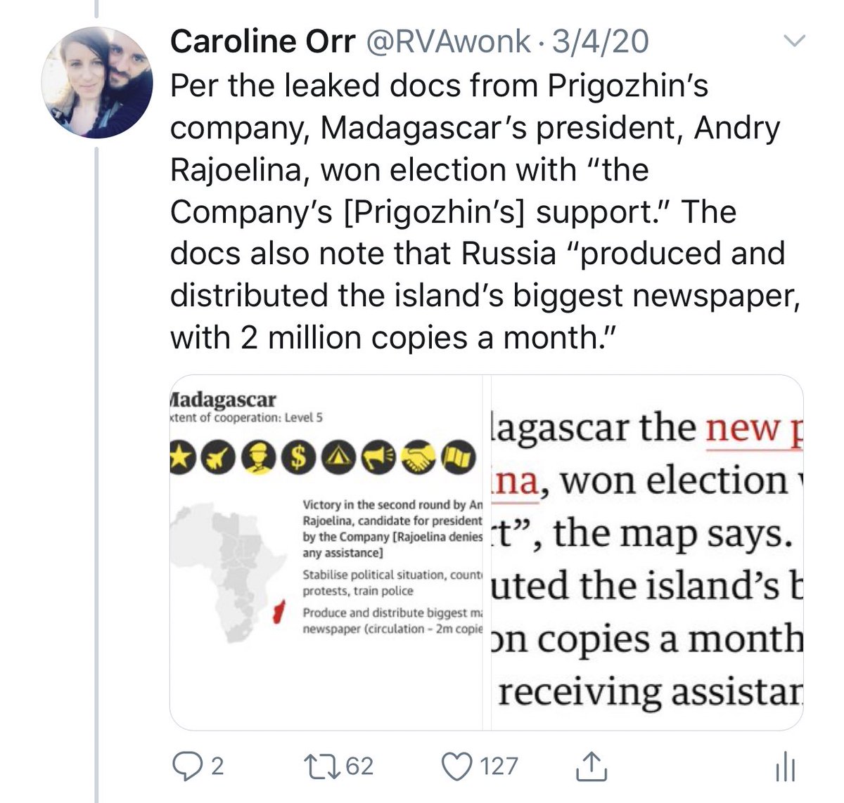 Prigozhin & his companies have successfully interfered in elections in countries like Madagascar, often using a combination of traditional military/mercenary tactics and information warfare, including working with local contractors to produce believable disinfo disguised as news.