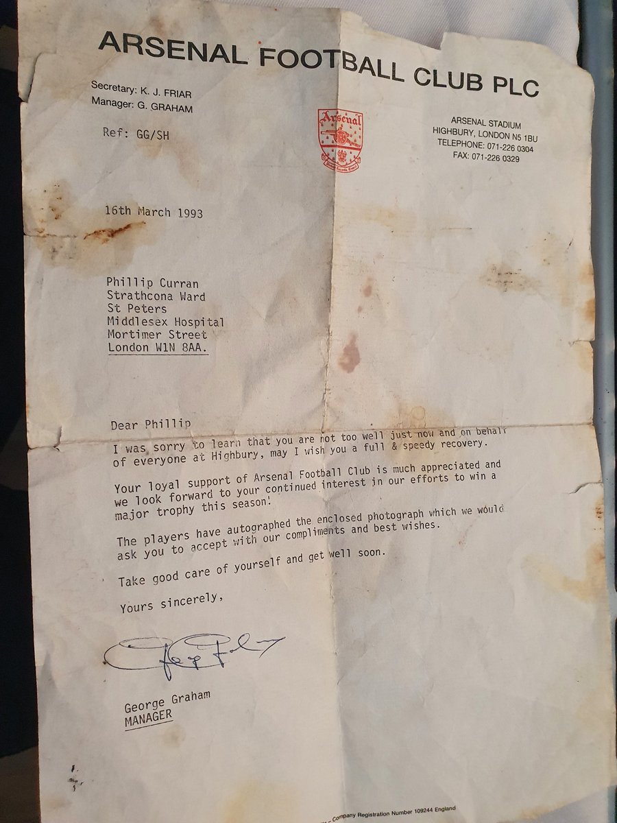 CurranPhillafc's tweet image. @yellowbootson hi guys! Love listening to your Pod (especially when Dover is on), just like to share this with you, its not an autograph but a signed letter from George Graham that he sent to me when i was in the Middlesex hosp as a child having a major op! Class