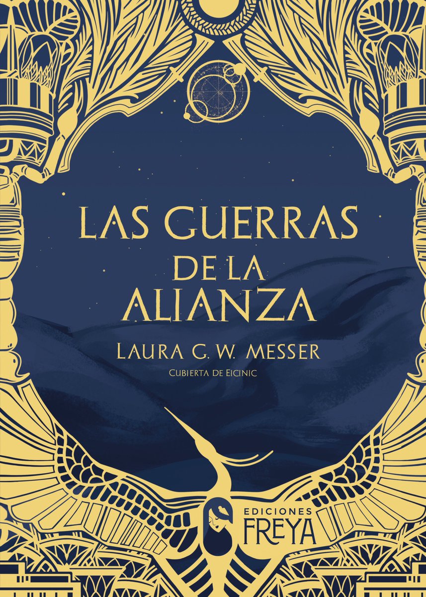 Cubierta de Las guerras de la alianza. Sobre un fondo azul, que representa las dunas del desierto por la noche, bajo un cielo estrellado, aparecen distintos elementos dibujados en amarillo. De arriba a abajo:
-Capiteles de inspiración egipcia. 
-Ojas de palma.
-Espadas curvas enmarcando una carta estelar circular.
-Escorpiones a ambos lados de la cubierta.
En la parte inferior, una garza de alas extendidas guarda el logo de la editorial.