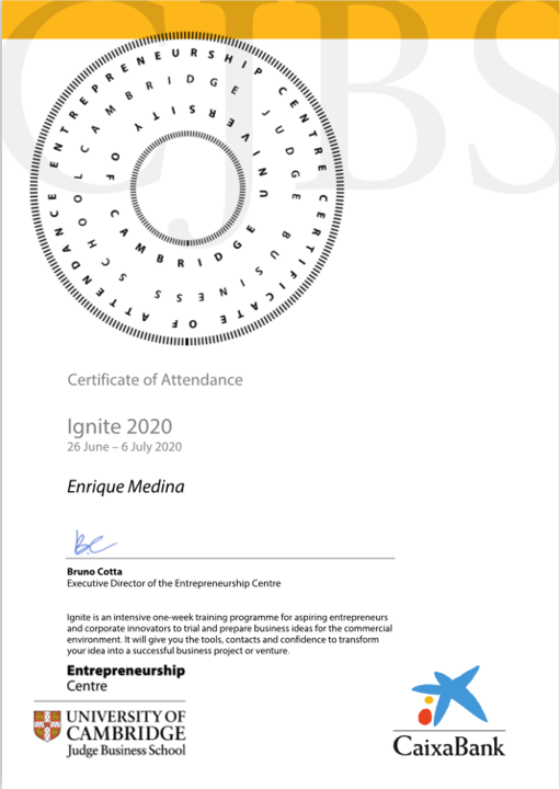 Thanks to @Emprendedor_XXI our CEO had the opportunity of assist to the <a href="/CambridgeJBS/">Cambridge Judge</a> Ignite course. An amazing and intense week. Good luck to all with your brilliant projects!!

#EmprendeinHealth #airbusbizlab #lanzadera #ESABICMadridRegion #coldplasma #parqUC3M #wedrivetheflow