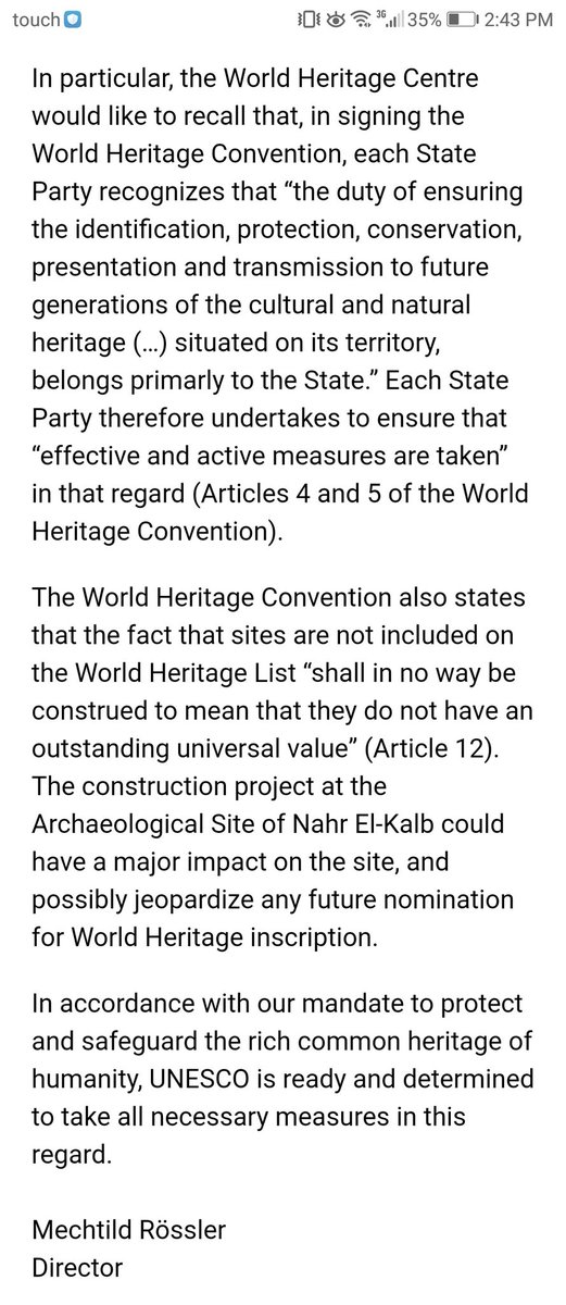 علمًا انو بربيع ال٢٠٢٠ بحسب وزير الثقافة الحالي  #عباس_مرتضى، وصل اعتراض رسمي من منظمة  #اليونسيكو وعلى ضوئه تم وقف الأعمال إلى حين تشكيل لجنة دراسة للأثر الثقافي للموقعأيضا وصل رسالة من منظمة إيكوموس بتعترض على المشروع وبتهدد بسحب ترشيح الوادي من لائحة الإدراج على التراث العالمي