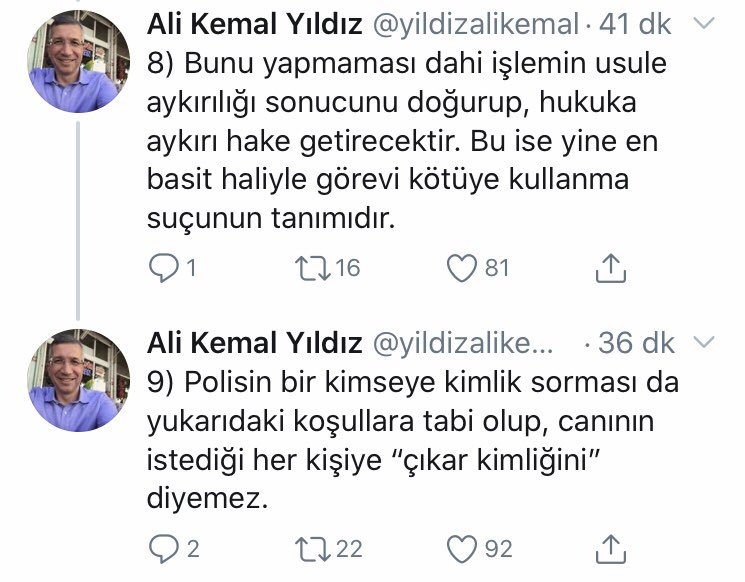 Dün geceden beri “polisin kimlik sorma yetkisi var” diye bilgi sahibi olmadan fikir sahibi olan, ehil pozu kesen hukuk cahillerini durdurmaz tabi ama gerçekten doğruyu öğrenmek isteyenler için CEZA HUKUKU PROFESÖRÜ A. Kemal Yıldız’ın şu serisini paylaşıyorum⬇️