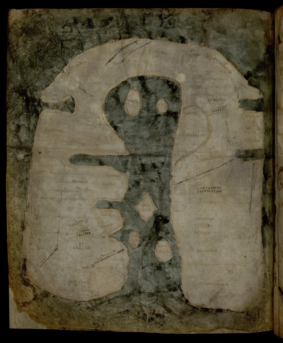 The Albi mappa mundi: the oldest surviving medieval map of the world. Preserved in a ms produced in the 8th c. in Southern France or Spain it is an extraordinary witness of how the world was seen at the turn between Late Antiquity and the Early Middle Ages 1/  #medievaltwitter