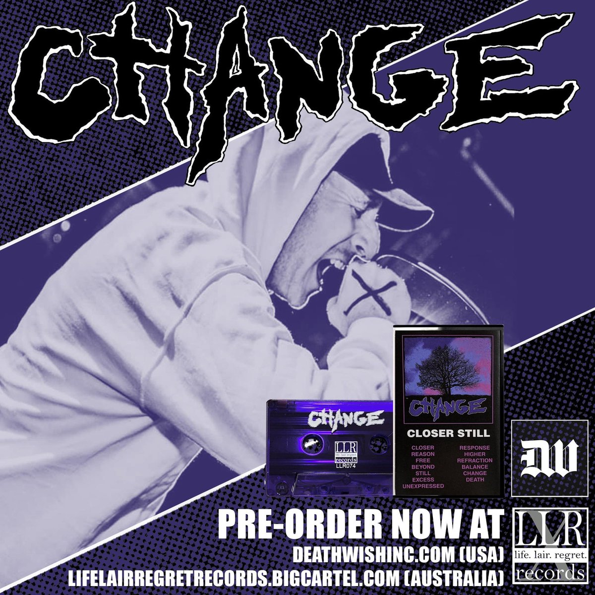 lifelairregret's tweet image. We are proud to announce that the long awaited Change album ‘Closer Still’ is now up for preorder! Featuring member from bands all the North West like Betrayed and Keep It Clear. You can order a tape directly from us or Deathwish inc for international orders 🥳