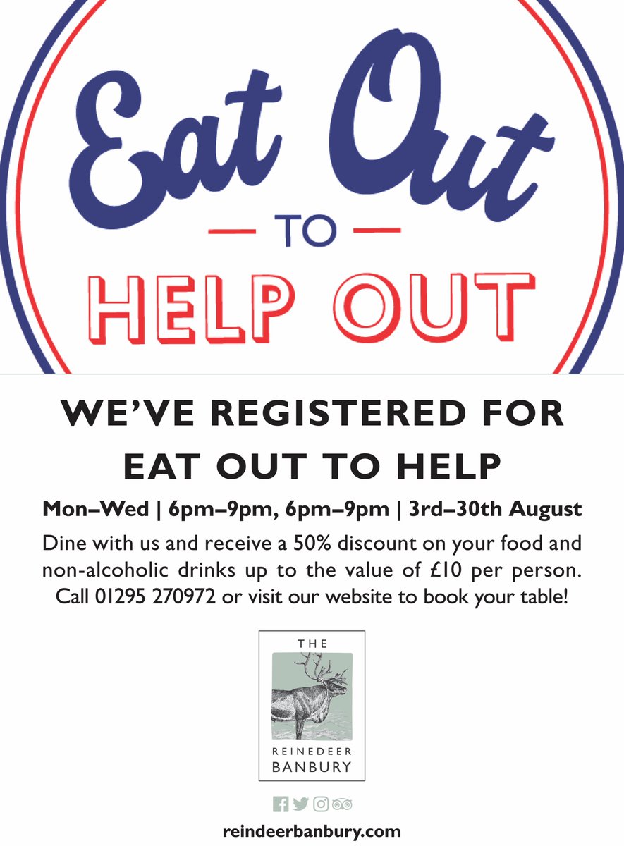 We've registered for Eat Out To Help Out... Get 50% off Mon-Wed throughout August up to the value of £10 per person.

We advise booking a table to avoid disappointment. Which you can do here...

ye-olde-reinedeer-inn-banbury.co.uk/book-a-table/