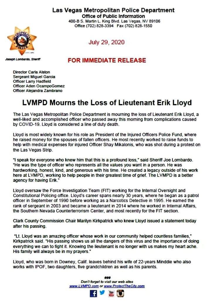 PrettyMango3's tweet photo. Lost my Uncle Erik today. Still at a loss for real words. This doesn’t seem real. But Covid is real and has hit home. Please be safe out there. #lvmpd #endofwatch #rip https://t.co/qD4mE1QTgH