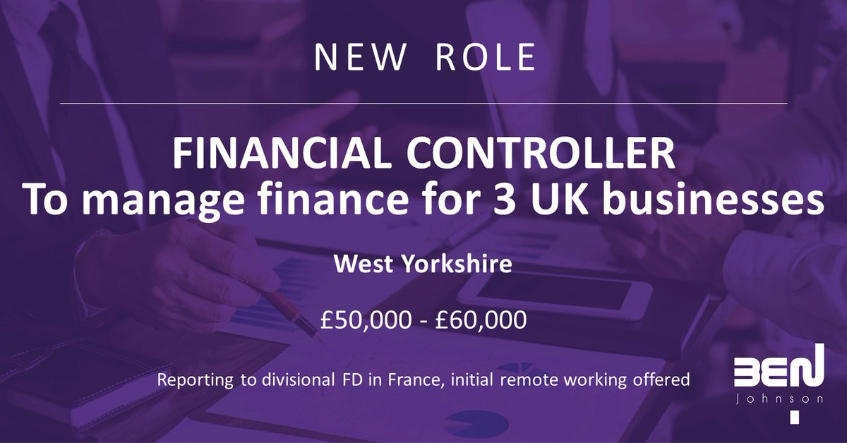 BenJohnson_Rec's tweet photo. Fabulous new role for Financial Controller in #WestYorkshire - reporting to Divisional FD, France. To take responsibility for finance of 3 UK-based businesses - Salary £50,000 - £60,000  https://t.co/UFo0eUefTv #finance #financialcontroller #vacancy #opportunity https://t.co/f9pyfjHbwk