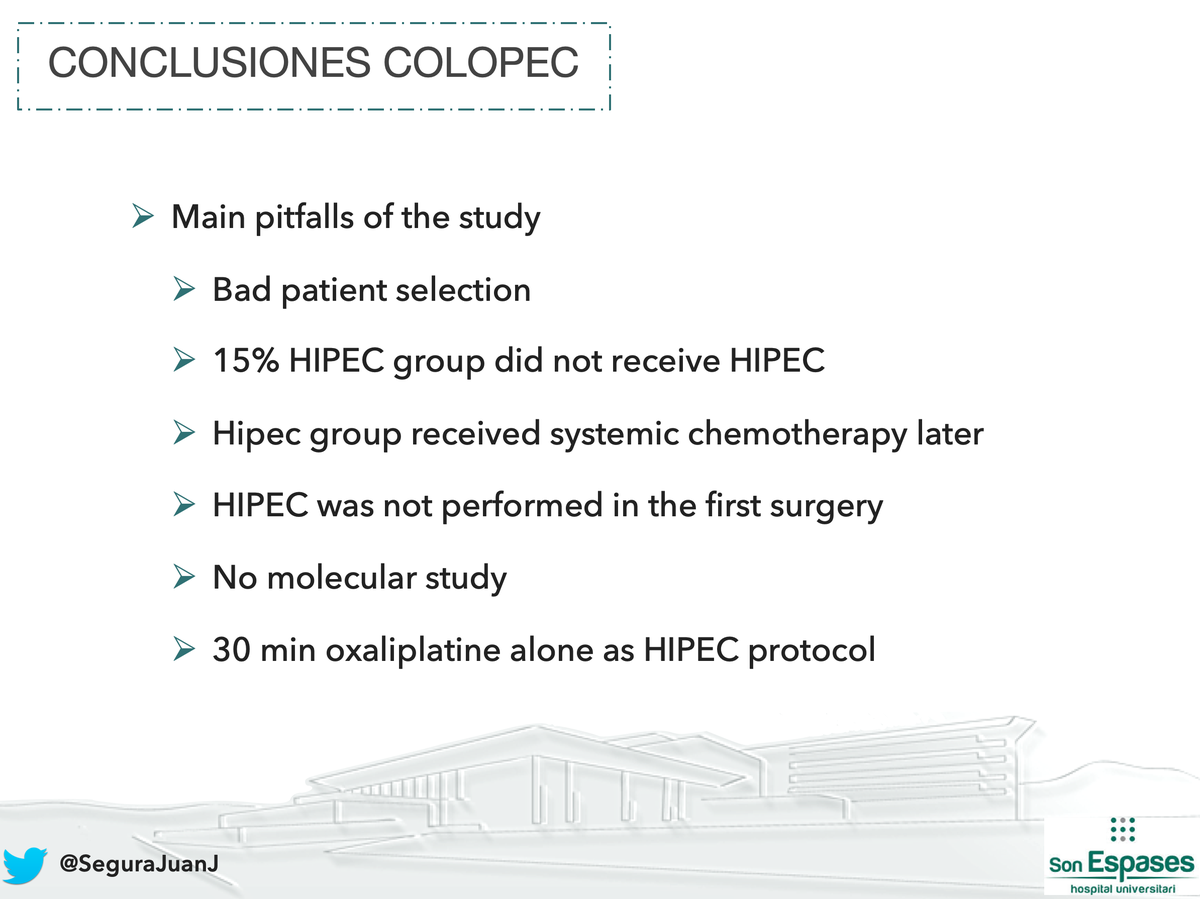 SeguraJuanJ's tweet photo. The #COLOPEC study had other problems too (see slide), so these results and interpretations should be taken catiously and further studies are recommended.
Maybe #HIPECT4 results can shed some light at the problem https://t.co/sQuJVgQnct