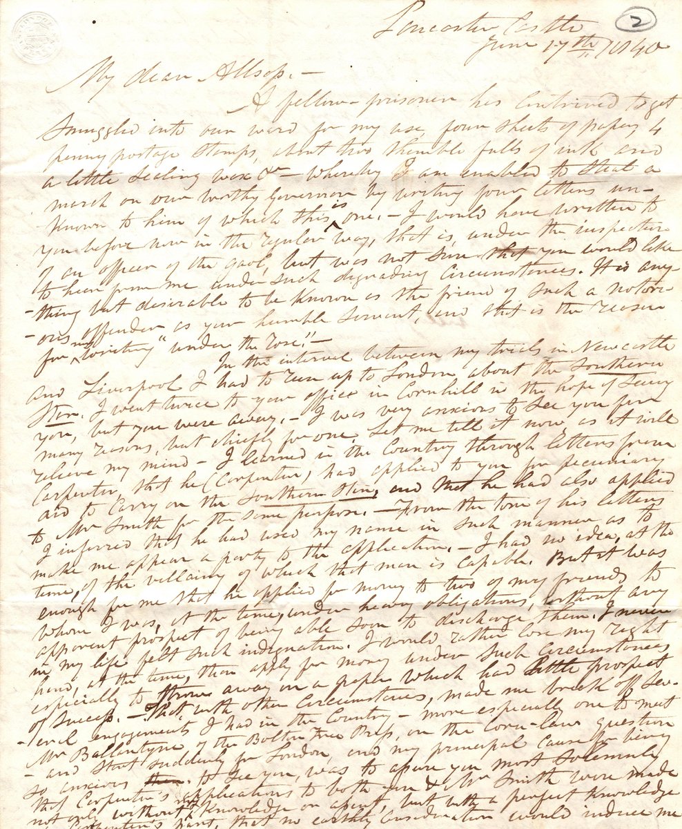 A fascinating letter from James Bronterre O’Brien, an Irish chartist, written from Lancaster prison where O’Brien was serving 18 months for seditious speeches. Thankfully,  @paulrkeenan had expertly transcribed this challenging handwriting for us.