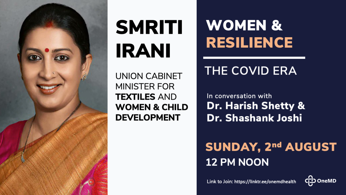 THIS SUNDAY, 12 PM NOON

SMRITI IRANI
Union Cabinet Minister for Textiles &amp; Women &amp; Child Development

In Conversation With
DR. HARISH SHETTY &amp;
DR. SHASHANK R JOSHI

FACEBOOK: 
facebook.com/onemdhealth/vi…

YOUTUBE
youtu.be/MsPLxtHKAdg

<a href="/AskDrShashank/">Dr. Shashank Joshi</a> <a href="/DrHarish139/">Harish Shetty :</a> <a href="/smritiirani/">Smriti Z Irani</a>