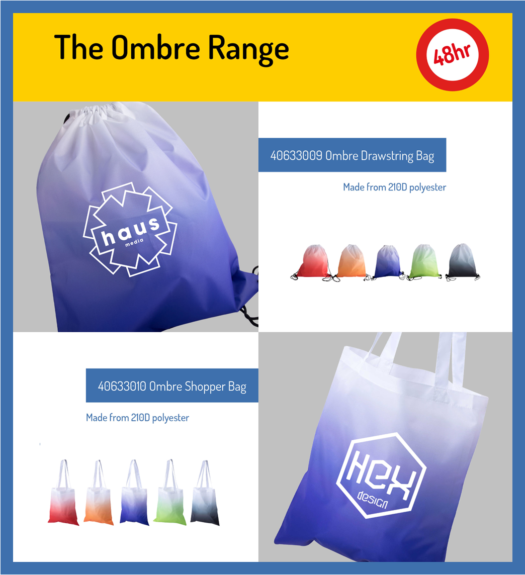 ProductSourcePS's tweet photo. Bag the new Ombre range!

Make your branding pop with the eye-catching Ombre shoppers and drawstring bags!

Get in touch with your preferred promotional product distributor for more info...

#promotionalmerchandise #promotionalproducts https://t.co/ust9v4lPYO