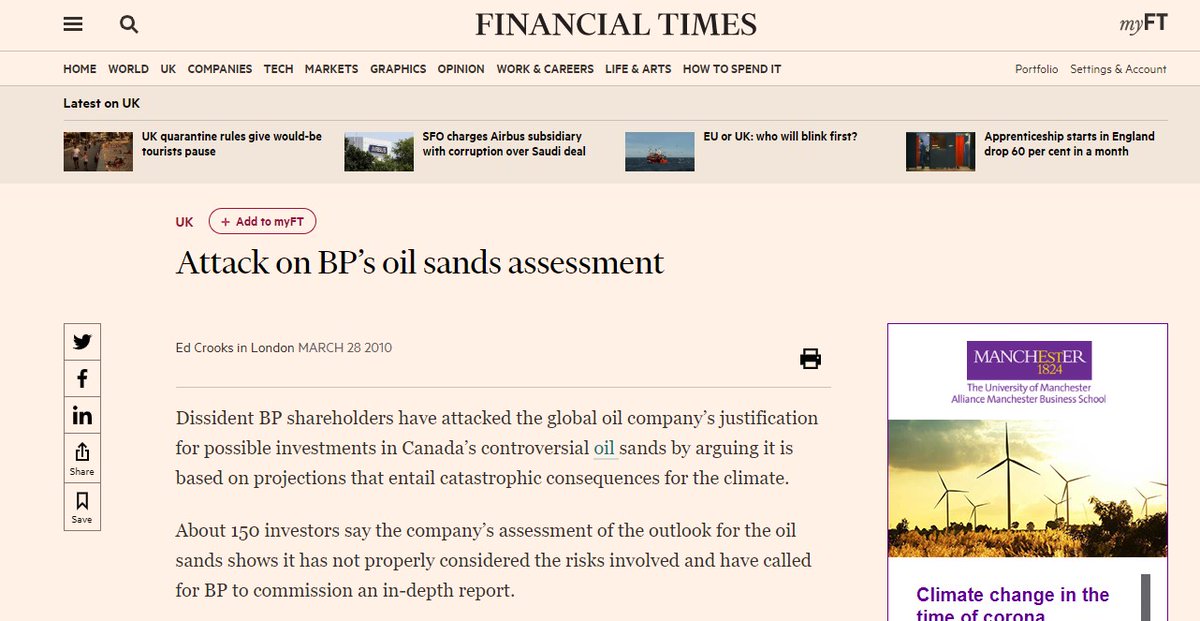 By 2010, we'd attracted the attention of mission-led asset owners &  #ESG pioneers, & working with  @ShareAction pulled together a large coalition to co-file at BP & Shell what were the largest ESG resolutions ever tabled in the UK.  #TarSands  #StrandedAssets