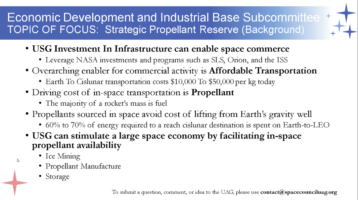  #NatlSpaceCouncil  #UserAdvisoryGroup - . @DittmarML Large cost driver for a lot of this is propellant, US Govt can really get a space economy going by establishing the a strategic space propellant reserve