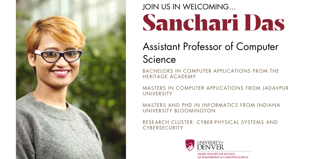 RitchieSchool's tweet photo. We are excited to announce that Dr. Sanchari Das will be joining us this Fall as an Assistant Professor of Computer Science! Welcome to the Ritchie School @Dr_SanchariDas, we are thrilled you're joining our community. #forwardfaster #DUfaculty #RitchieSchoolFaculty #newfaculty https://t.co/8hLdtnleku