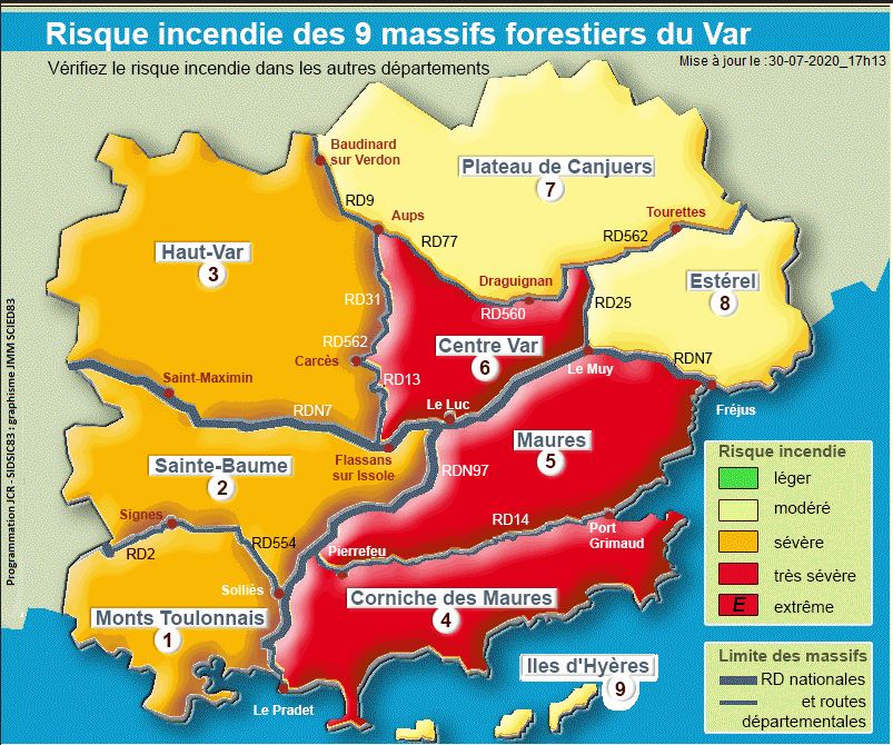 Prefet83's tweet image. Vendredi 31 juillet 2020 , les massifs de la Corniche des Maures, des Maures et du Centre Var sont en risque incendie 🔥 TRÈS SÉVÈRE 🔴, 3 massifs en risque incendie 🔥 SÉVÈRE 🔶 et 2 massifs en risque incendie🔥 MODÉRÉ 
➡️Infos sur var.gouv.fr/acces-aux-mass…