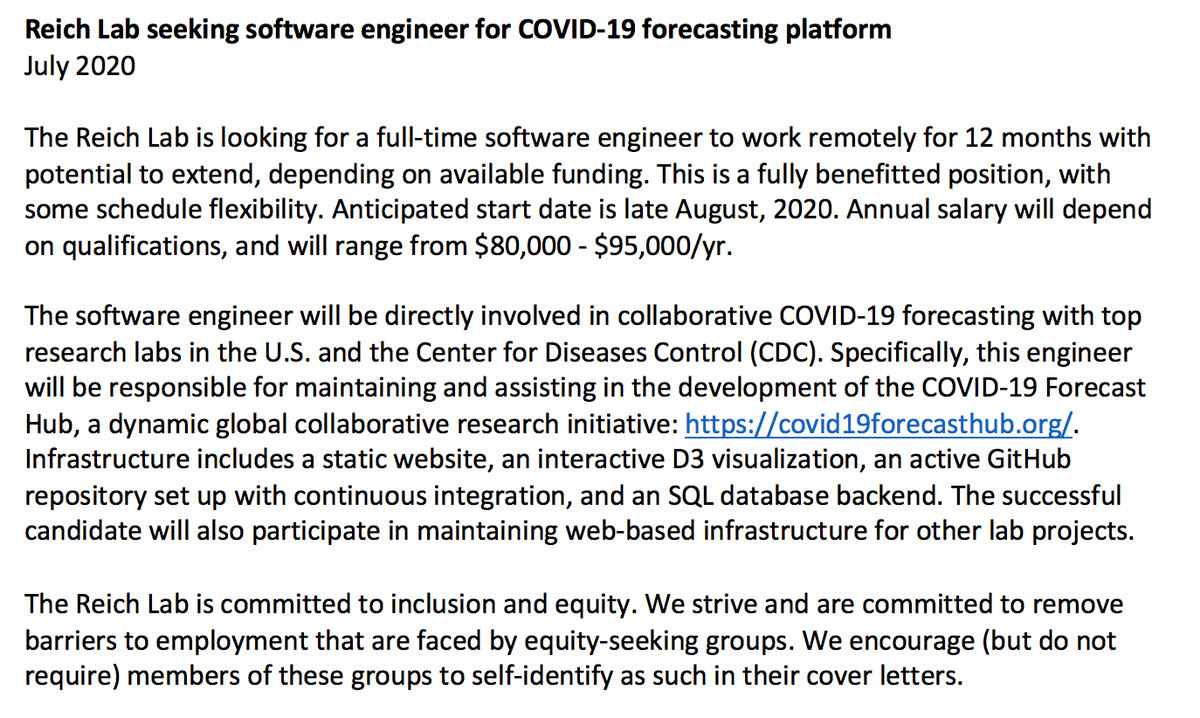reichlab's tweet photo. The Reich Lab is hiring a full-time software engineer (remote ok) to help us with the #COVID19 Forecast Hub! https://t.co/VE7rd7duIN

Please help spread the word. 

Apply here: https://t.co/OAT78HB9IO https://t.co/kDR5UZWHay
