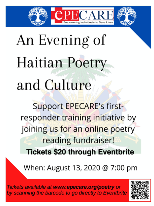 MGHDisparities's tweet photo. Join @EPECARE for an Evening of Haitian Poetry and Culture on August 13 at 7pm EST and support their first-responder training initiative! Get your tickets now: https://t.co/t4cNLBE4qZ https://t.co/38DirTAkFH