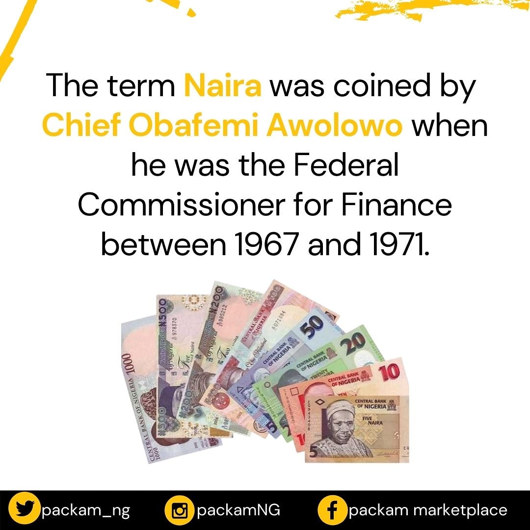 Packam_ng's tweet photo. The term Naira was coined by Chief Obafemi Awolowo when he was the Federal Commissioner for Finance between 1967 and 1971.

•••
#tbt
#Packam
#PackamExpress
#PackamMarketplace
#throwBackThursday
#onlineShop
#eCommerce
#memories
#history
#Naira https://t.co/Suyp2io6ff