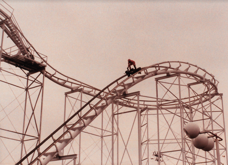 Would you have ridden the Revolution like this?! In 1983, as part of a "That's Incredible" TV episode, one of the Revolution's cars was retrofitted to allow daredevil Dave Cox to “ski” through the track. (Photos courtesy of Kreig Taylor.)