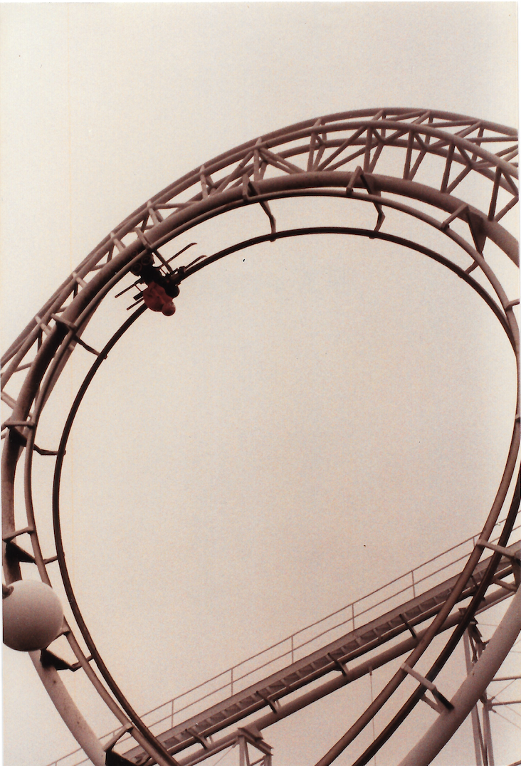 Libertyland's tweet photo. Would you have ridden the Revolution like this?! In 1983, as part of a "That's Incredible" TV episode, one of the Revolution's cars was retrofitted to allow daredevil Dave Cox to “ski” through the track. (Photos courtesy of Kreig Taylor.) https://t.co/QxCtbQ17zA
