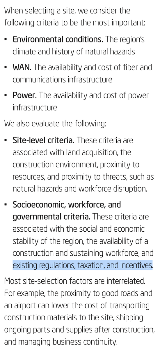 This is from Intel's whitepaper on how it selects datacenter sites. Note not only the role of local taxes & regulation, but other public goods like roads & airports. These datacenter monopolies are government-supported.