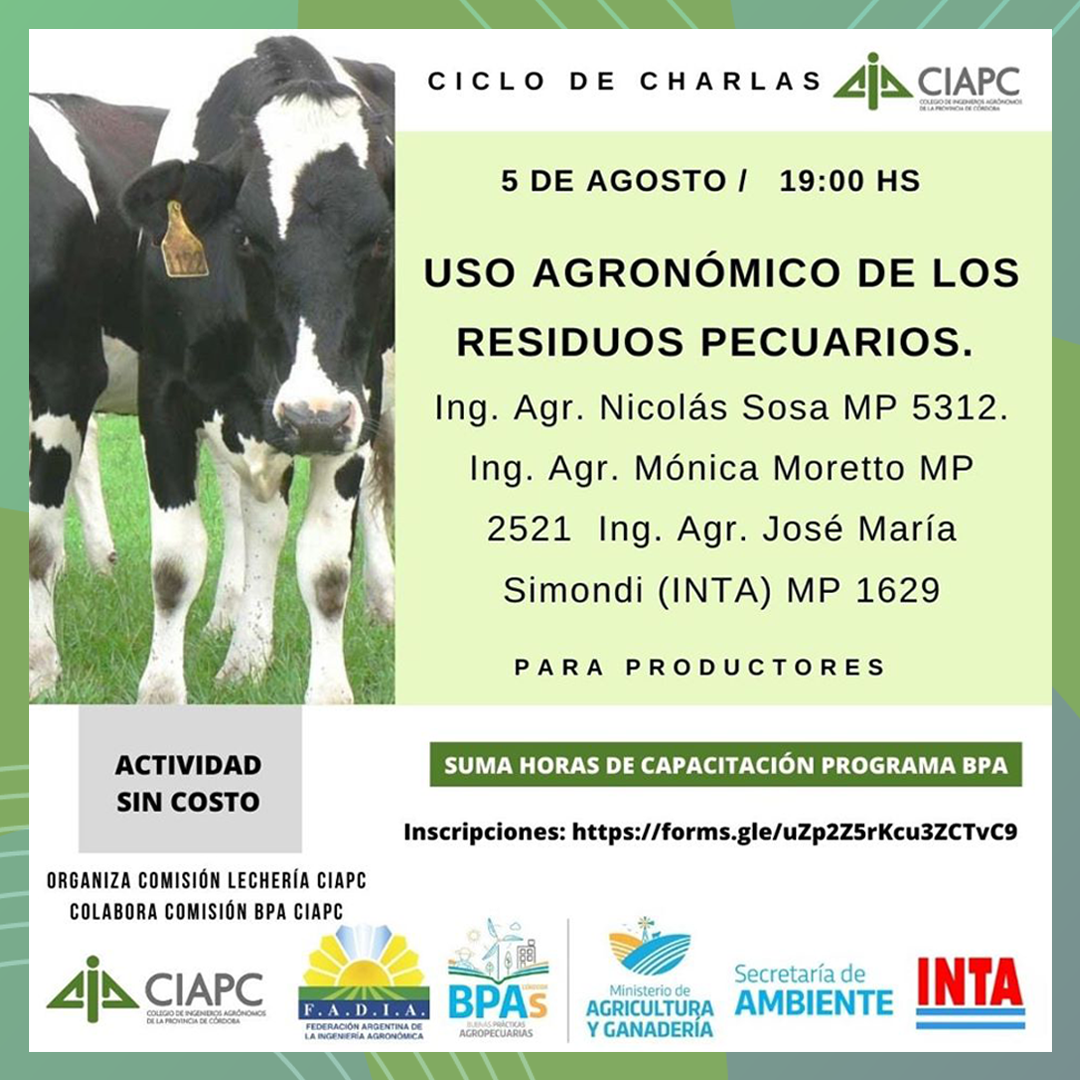 PrensaFADIA's tweet photo. El Colegio de Ingenieros Agrónomos de la Provincia de Córdoba - #CIAPC y #FADIA, invita a participar al Ciclo de Charlas - "Uso Agronómico de los Residuos Pecuarios".
Inscripción👉 https://t.co/zAHQRgpllE
#IngenierosAgronomos #ResiduosPecuarios #Cordoba #CIAPC #Agronomos https://t.co/oKarisLeGy
