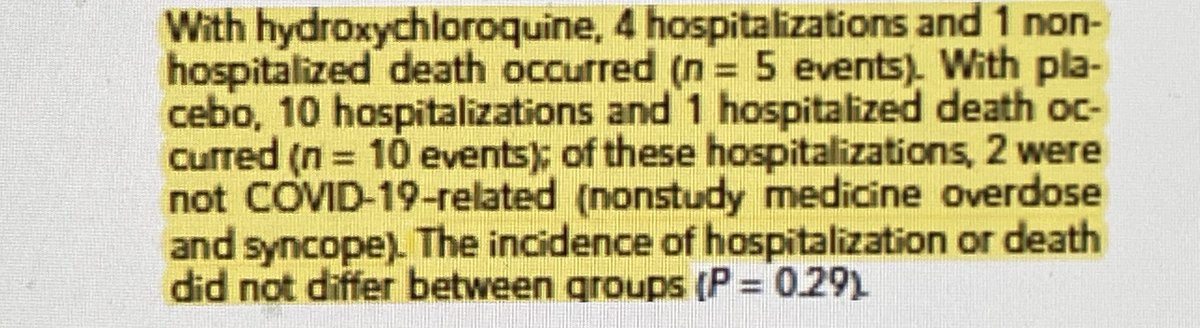 Yes, I noticed the “numerical” differences in hospitalizations/death between the two groups. The reason I do not put much stock in because it is 8 (3.7%) versus 5 (2.4%) events once we remove the non Covid-19 hospitalizations, and deaths are the same (1 vs 1). HCQ is now 0 for 3
