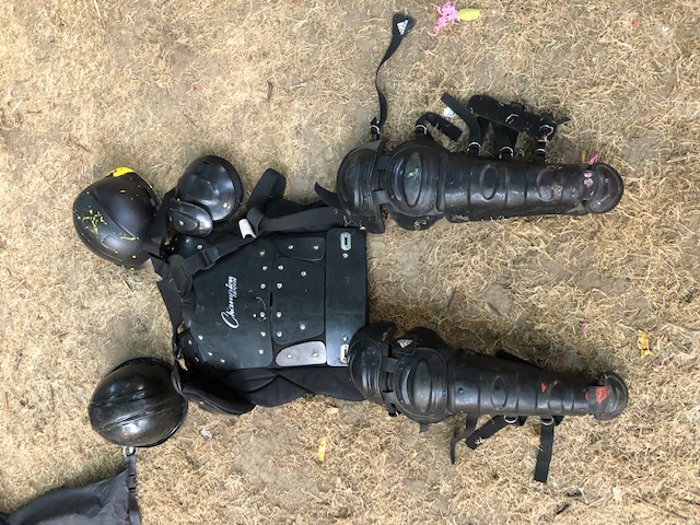 PortlandPolice's tweet photo. A sledge hammer, improvised weapons, leaf blowers, helmets, chest and leg armor, and fuel canister are some of the items recovered in Chapman and Lownsdale Squares this morning. https://t.co/QXnppztBU6