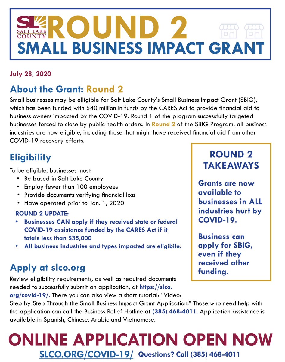GreaterSLMSD's tweet photo. Salt Lake County released ROUND 2 of the Small Business Impact Grant (SBIG). The grant is now available to businesses in ALL industries hurt by COVID-19. Also, businesses can apply for SBIG even if they received other funding. https://t.co/LSupJzXozo https://t.co/R8d2le0M7g