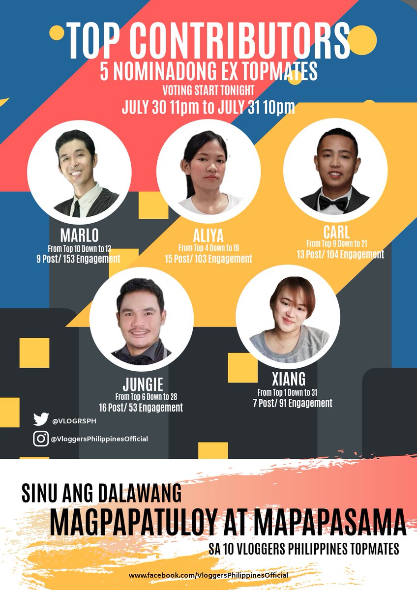 VLGRSPH's tweet photo. Sinu kila MARLO, ALIYA, CARL, JUNGIE and SHANG ANG MANANATILI!!? Bilang #TopMates #VLGRSPH !!!

VOTE NOW for EXTRA 2 POINTS!!
Ex: #SavedMarlo #VloggersPhilippines https://t.co/SbAXwFaqGG