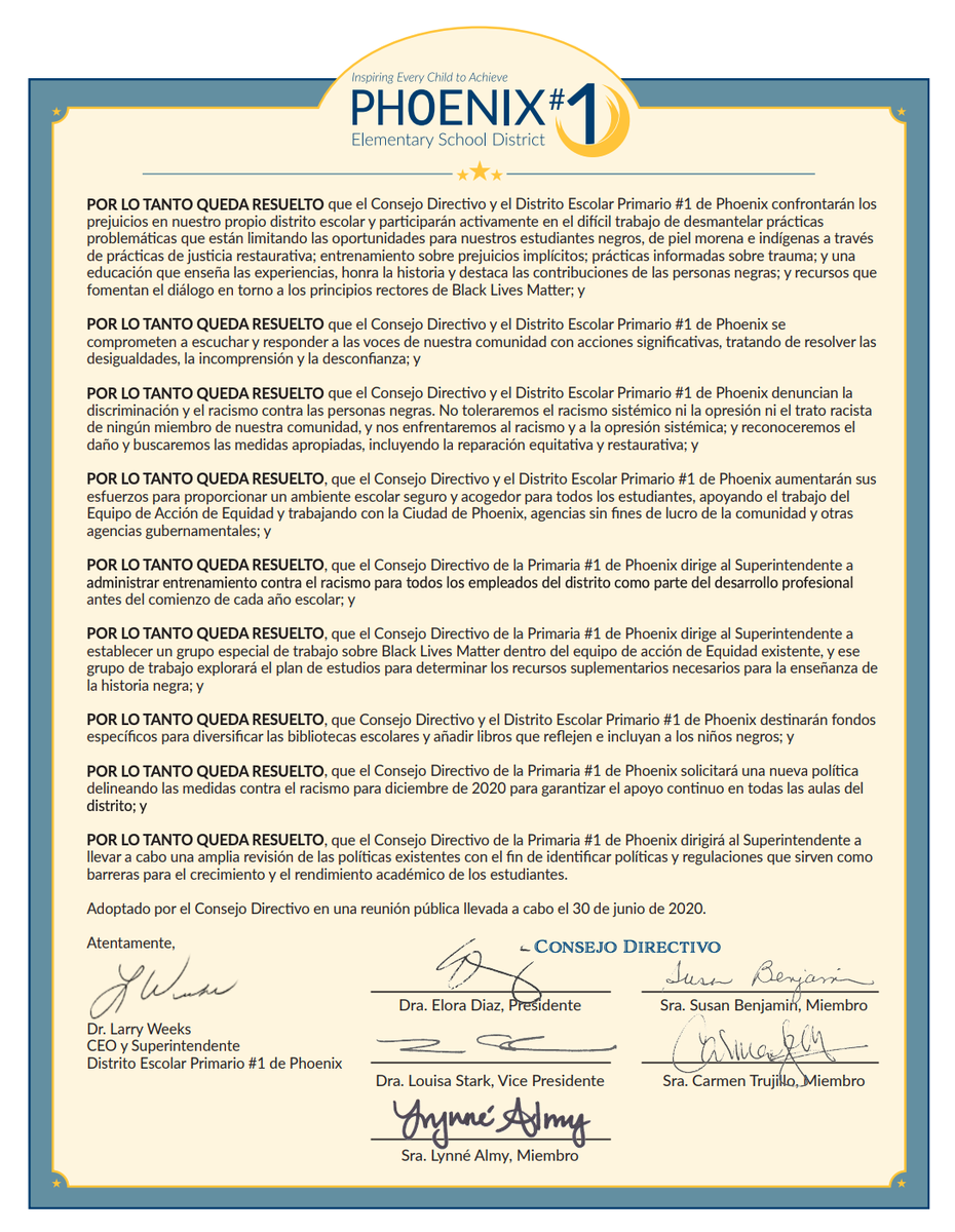 Lynne_Almy's tweet photo. Incredibly proud of the Resolution to Abolish Systemic Barriers for Black Students' Success the @phxschools board passed last month. We believe #BlackLivesMatter https://t.co/hHH1pvq9nY