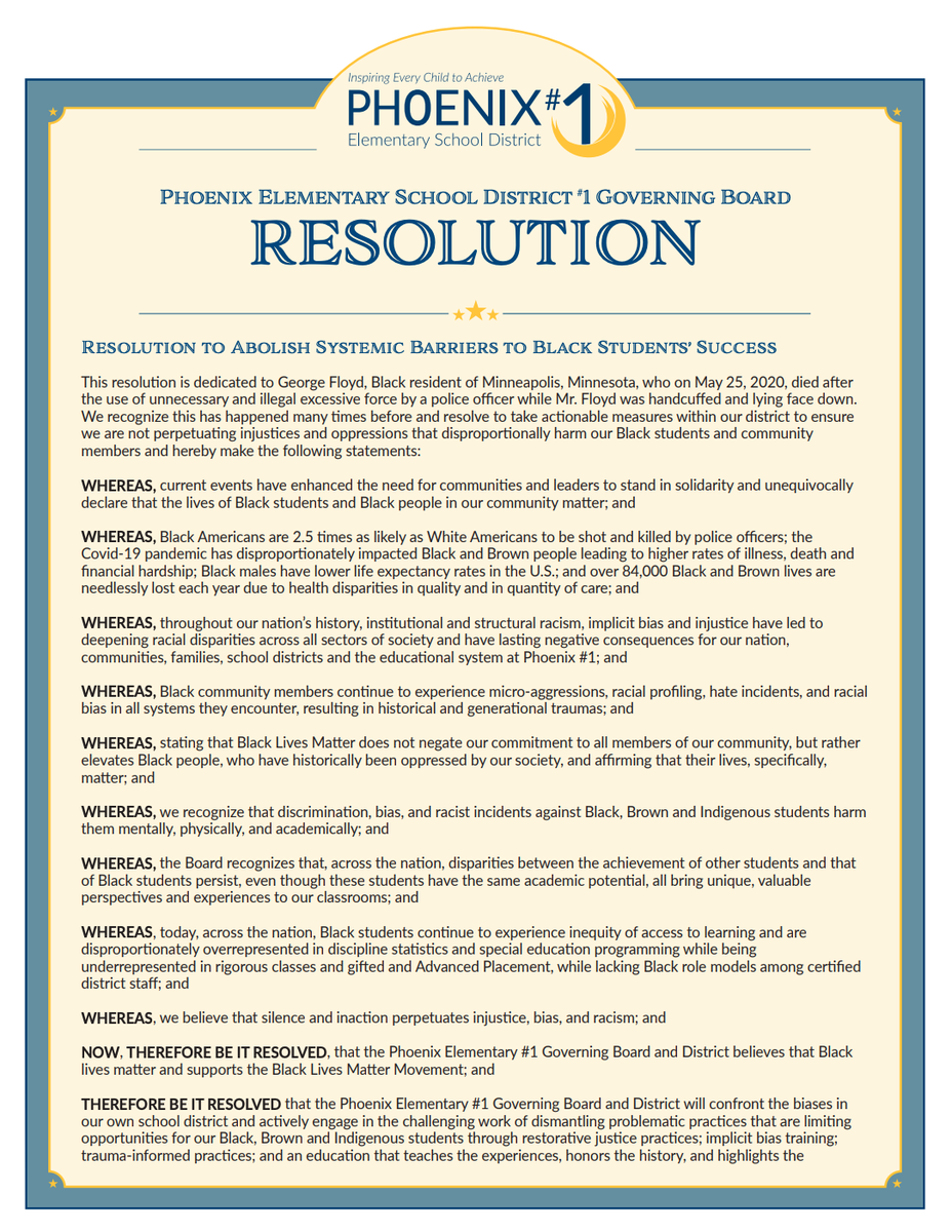 Lynne_Almy's tweet photo. Incredibly proud of the Resolution to Abolish Systemic Barriers for Black Students' Success the @phxschools board passed last month. We believe #BlackLivesMatter https://t.co/hHH1pvq9nY