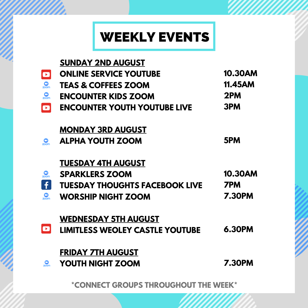 EncounterCUK's tweet photo. We're at the end of July! Here is everything that is happening at Encounter Church in the first week of August...

https://t.co/36134Xbrha

#churchonline #newsletter #updates #elim #encounterchurch #birmingham #sellyoak #weoleycastle #thisweek https://t.co/t0p6pWpfI8