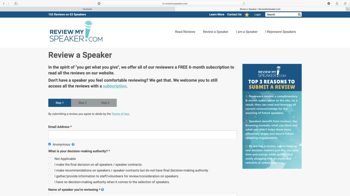 Reviewing a speaker is as easy as 1-2-3! And you'll help others find some of the best speakers in the business for their upcoming in-person, virtual and hybrid events. #sharingiscaring
