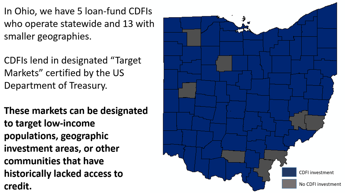  #CDFIs are chartered to lend throughout Ohio. These markets can be designed to target low-income populations, geographic investment areas, or other communities that have historically lacked access to credit.  #GOPCThread