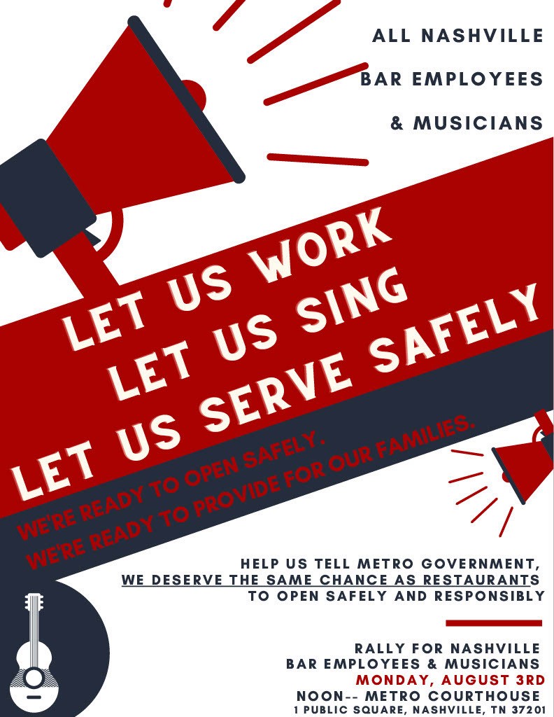 TNLastCall's tweet photo. Bar staff and musicians are asking the city to allow them to go safely back to work. Protest this Monday at noon at the Courthouse. https://t.co/LNOVVchGzc