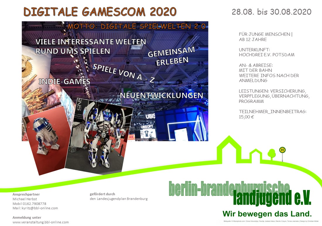 bblonline's tweet photo. Die #Gamescom2020 @gamescom findet nicht in altbekannter Form, sondern als rein digitales Event statt. Diese "Digitale Gamescom" wollen wir gemeinsam mit dir in Potsdam erleben. #BBLandjugend Weitere Infos und Anmeldung unter: https://t.co/lZp0udLLqd https://t.co/zyVQ26BoDL