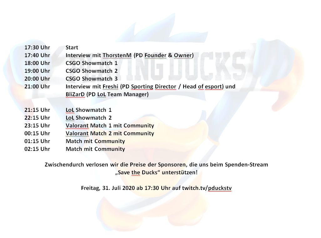 PlayingDucks's tweet photo. Spenden Stream "Save the Ducks" am Freitag, 31.Juli 2020 (MORGEN) ab 17:30 Uhr auf https://t.co/B7LoTWYBaC ! Viele Gäste der E-Sport Szene am Start! Wer? Lasst euch überraschen!🦆 https://t.co/sSe6hMSiDz