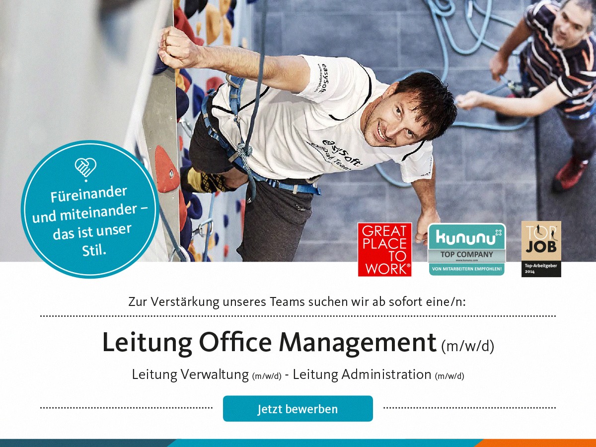 Du hast (Führungs-)Erfahrung im Office Management und suchst ein Unternehmen, das Wertschätzung nicht nur in die Stellenanzeige schreibt, sondern wirklich lebt? Dann freuen wir uns auf Deine Bewerbung! easysoft.de/karriere