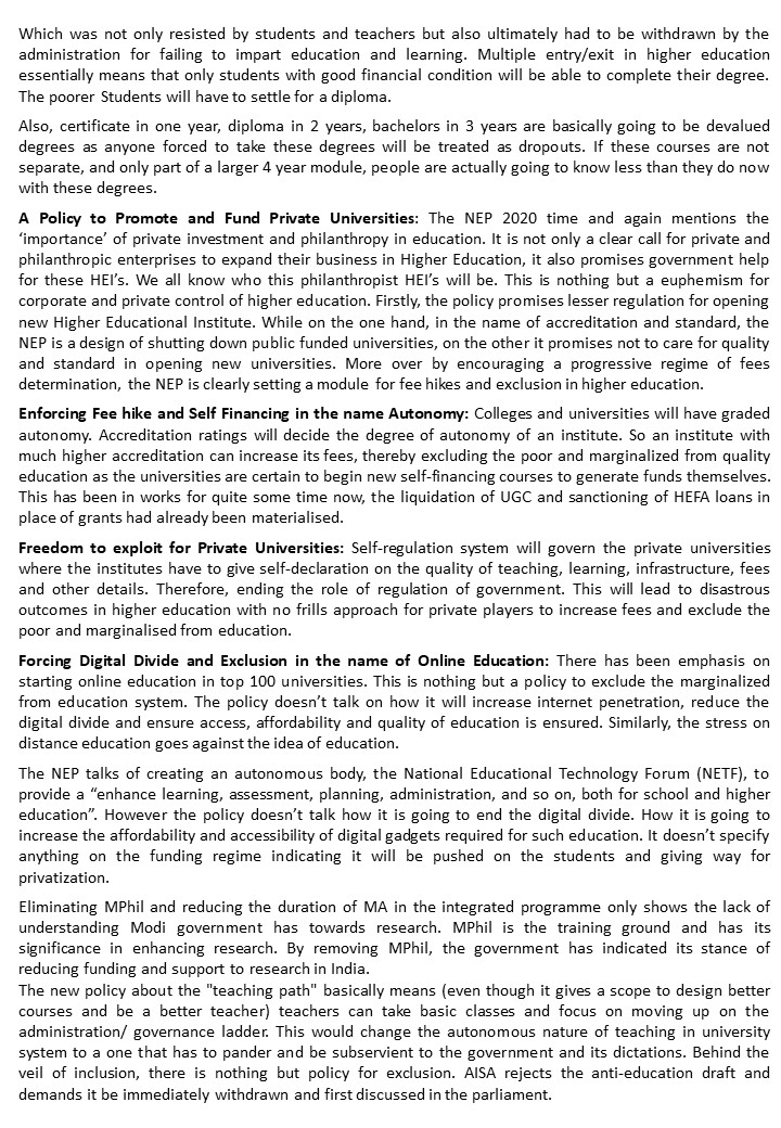 AISA_tweets's tweet photo. All India Students' Association ( AISA) Statement on NEP.

#NewEducationPolicy2020
#educationpolicy2020 #NEP2020 
#RejectNEP2020 https://t.co/25xhYqmzJi