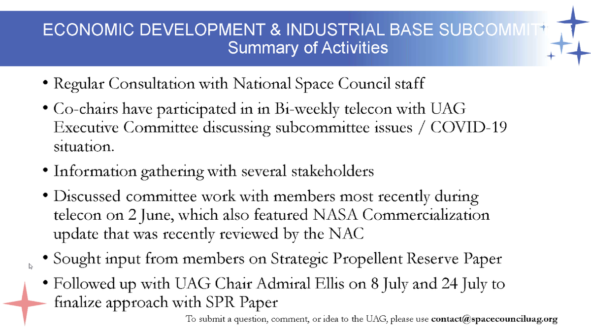  #NatlSpaceCouncil  #UserAdvisoryGroup - Stalmer - A lot has gone on don't want to bring up COVID we're all dealing with that had several informational gathering with several different agencies, some issues reviewed by the NASA Advisory Committee
