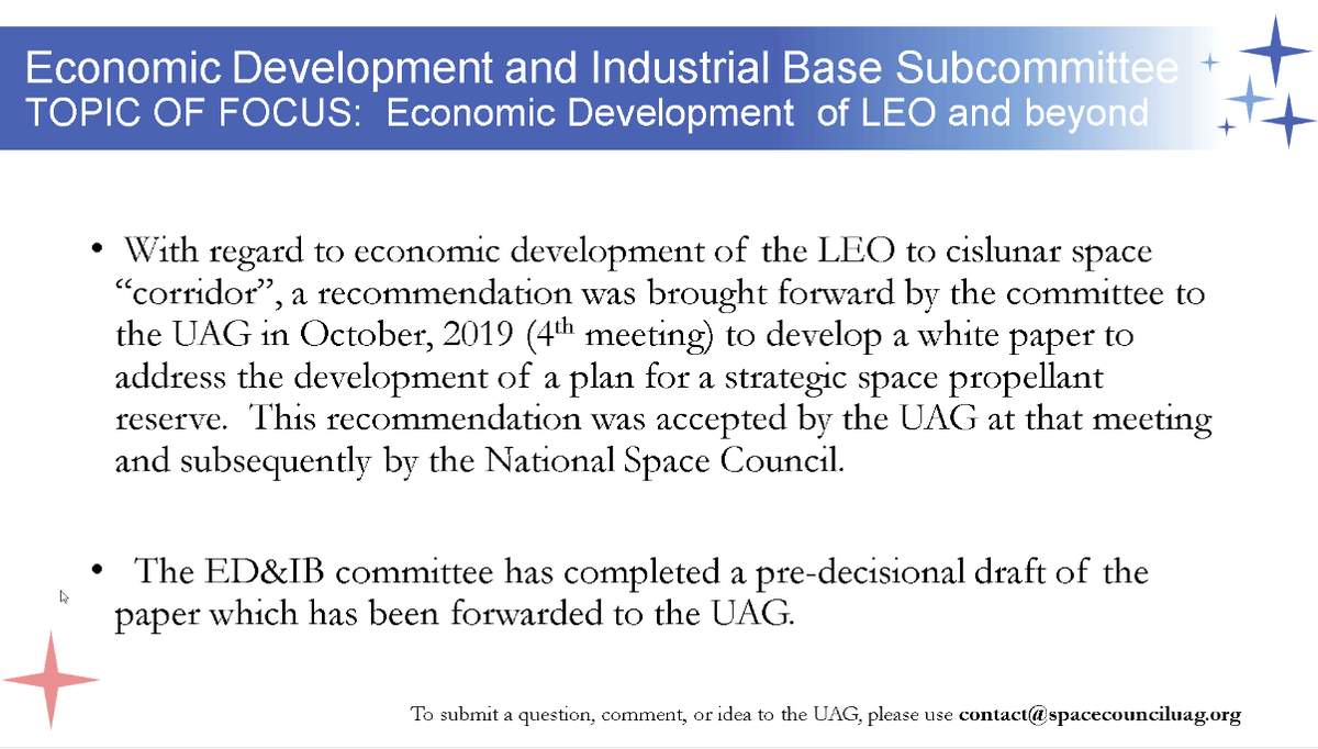  #NatlSpaceCouncil  #UserAdvisoryGroup - . @DittmarML so with econmic development of LEO but had expended to cislunar space, need corridor of activity how do we ensure that corridor for economic development . @SpaceForceDoD Idea was brought fwd by . @torybruno for a propellant reserve