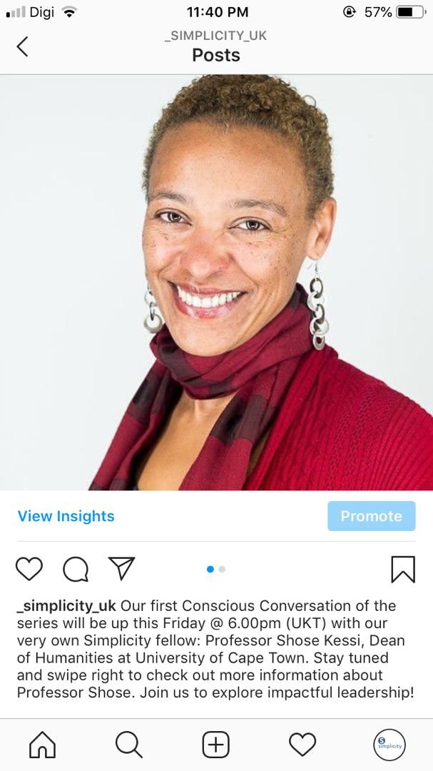 _simplicity_uk's tweet photo. Great talking to the first black female Dean of Humanities at UCT, Professor Shose Kessi, our simplicity fellow. Exploring impactful leadership! Series launch! #consciousconversations #institutionalracism  #socialchange  #womenleaders #leadership @uct_news @bac_uct @uctoic https://t.co/oPVu14JvRp