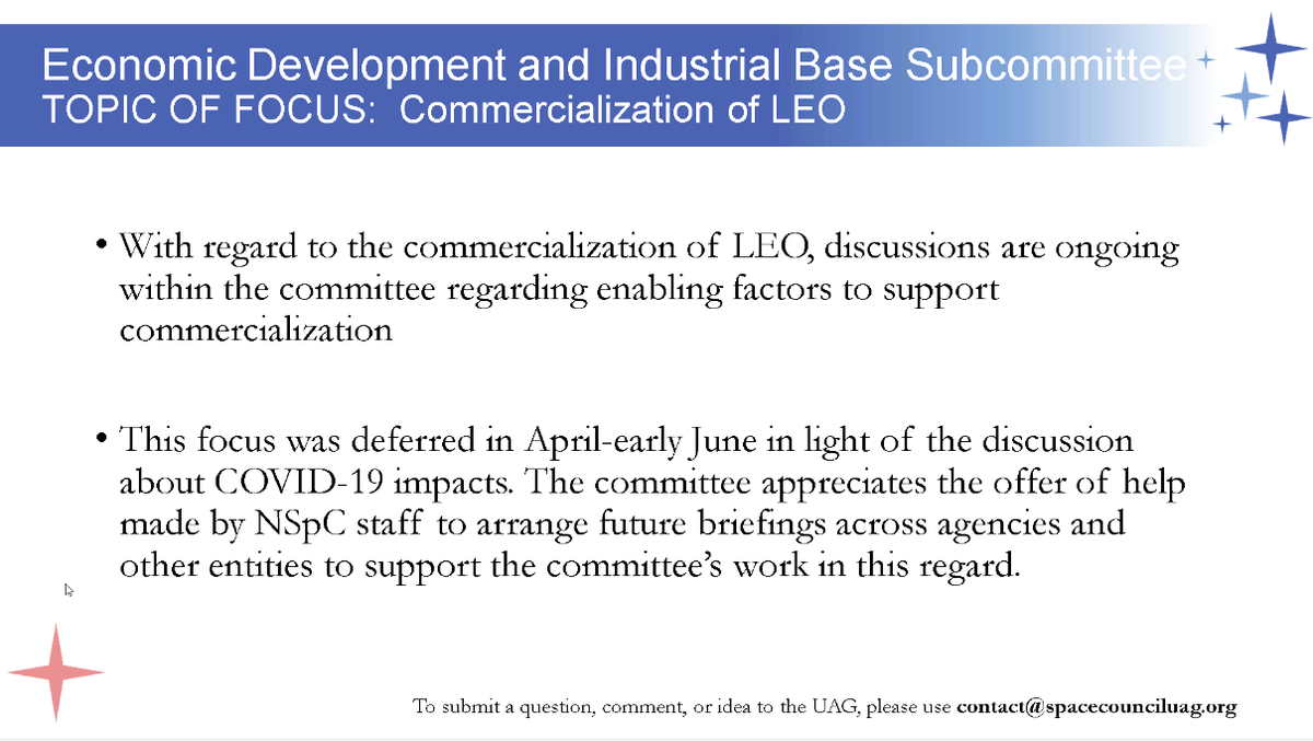  #NatlSpaceCouncil  #UserAdvisoryGroup - Stalmer - focus has been on stimulating the space economy during these challenging times.