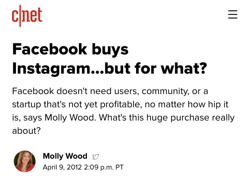 It wasn’t just Jon Stewart.Most people thought Facebook was overpaying for Instagram at a $1 billion purchase price.And after an investigation, the FTC voted unanimously to clear the acquisition.(h/t  @mlanetrain)