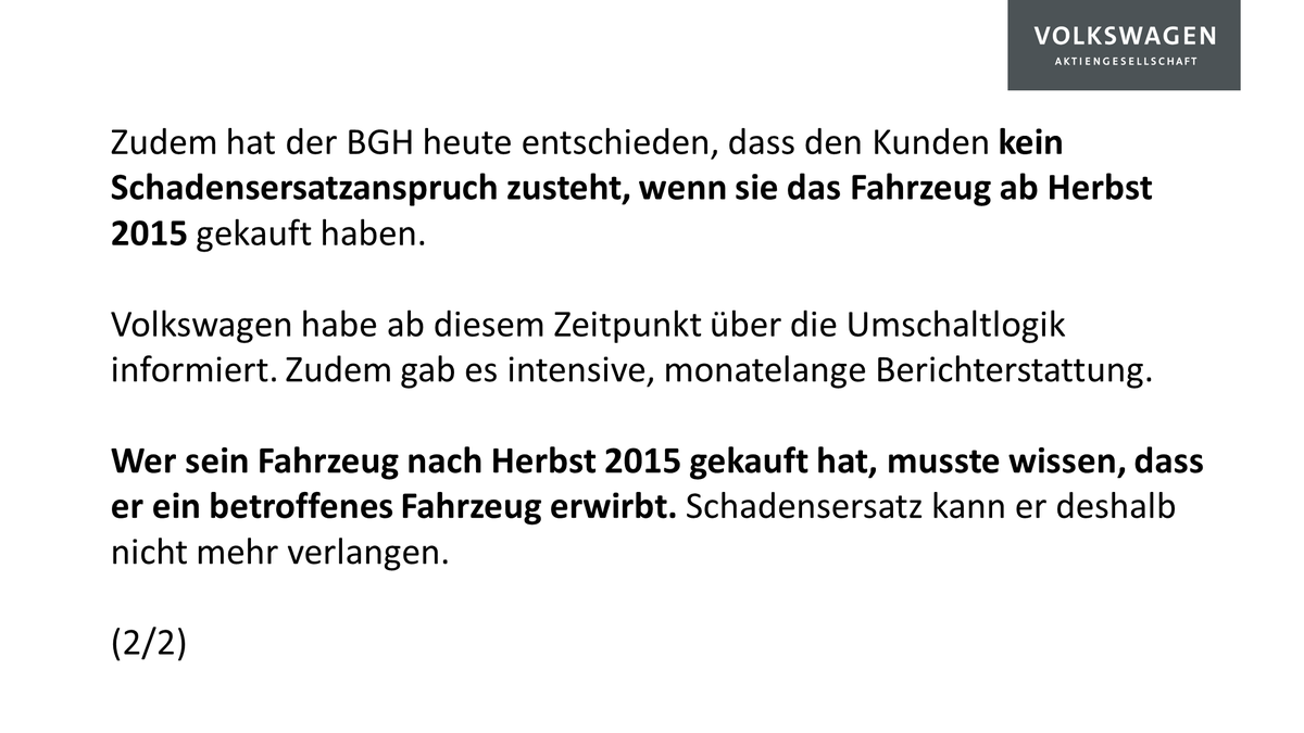 ChHauss's tweet photo. Die heutigen Urteile des Bundesgerichtshofs sind ein wichtiger Schritt zum endgültigen Abschluss der noch anhängigen Diesel-Verfahren. Die wesentlichen rechtlichen Fragen sind nun geklärt. Unser Statement dazu hier. #bgh #bghvw https://t.co/CLk4jmz7uB