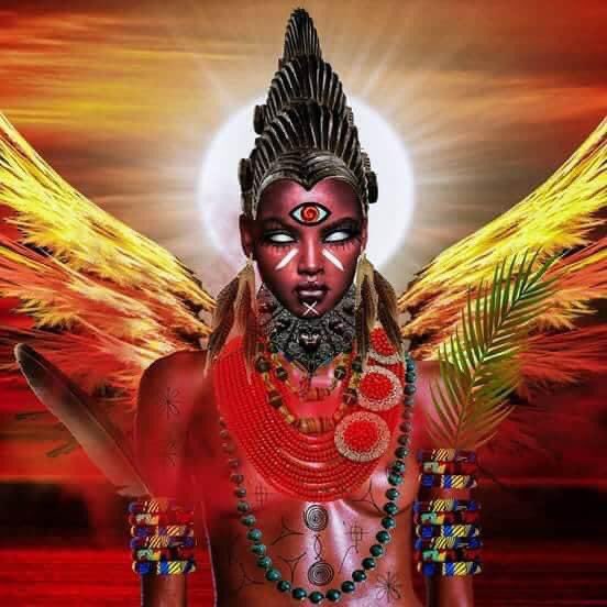 Anyanwu. (Anya)- Eye (Anwu) Light or Sun, Anyanwu: The Eye of Light. Anyanwu is Sun Goddess, A messenger, Visionary & Worker. She carries 2 staffs (Fire & Light). Most soothsayers are believed to come to her for help or as their chi.