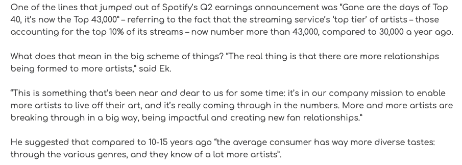 Tbf this is true. More ppl knowing about more artists, and more artists having more *hypothetical* (see later) access to ppl is a feature of streaming. "Algorithmic populism" is a term i've used before, a populist idea of accessibility that brings with it hidden costs and fallout