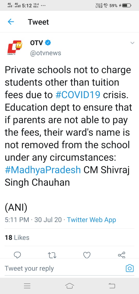 OamOdisha's tweet photo. @CMO_Odisha @Naveen_Odisha @SecyChief @SMEOdisha @samirdash01 
This is CM, MP tweet regarding school fee, our CM should act like this. Before Punjab, Jharkhand, Chhattisgarh, Gujarat and Delhi Govt. acted except our CM. https://t.co/AAPUZDqB7h
